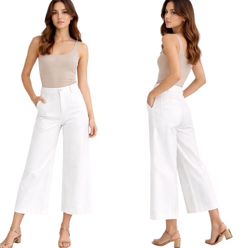 L'AGENCE Revolve Women's High Rise Cropped‎ Wide Leg Denim Jeans White Size 24